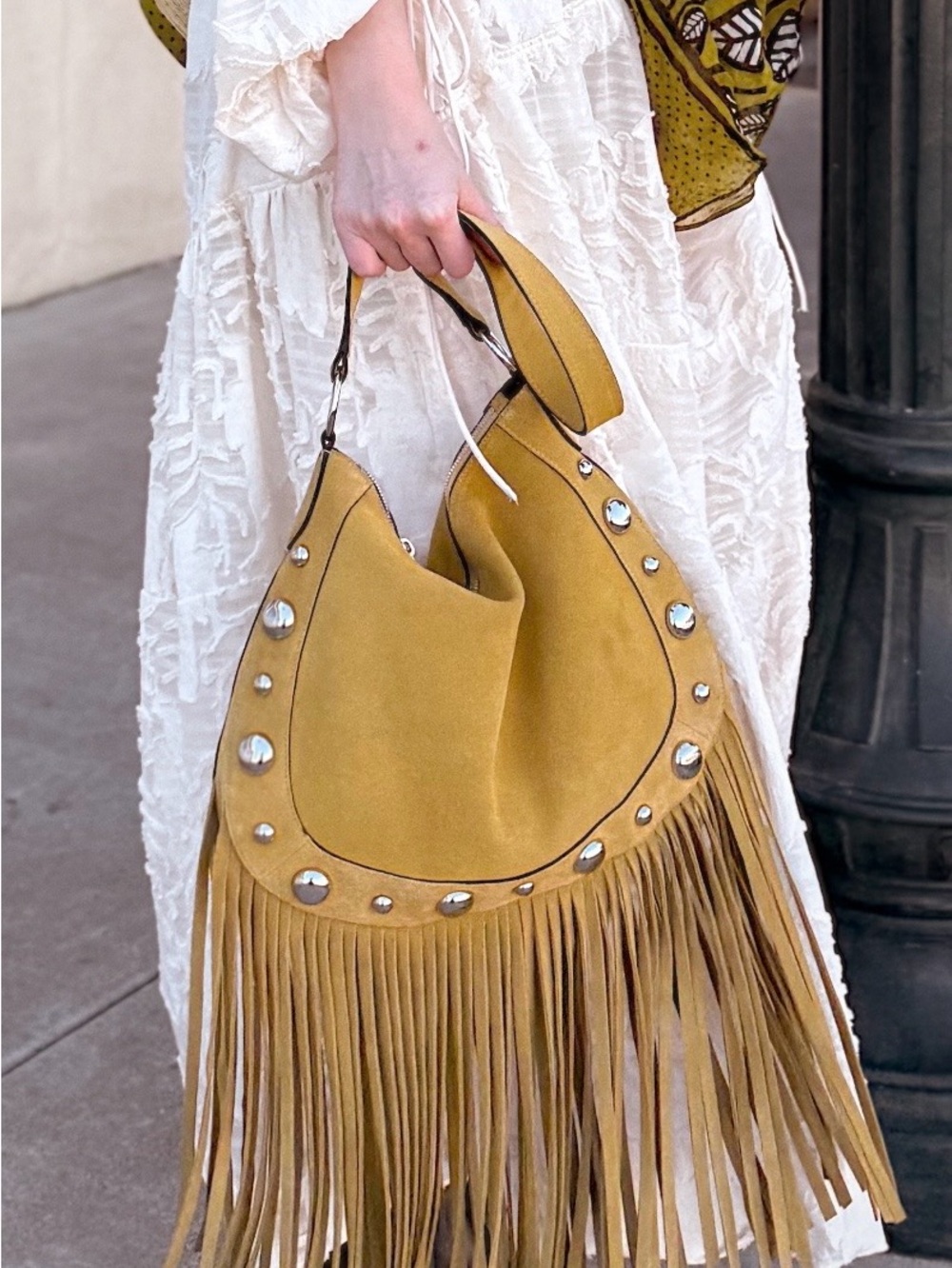 Mango Studded Fringe Suede Bag in Tan Like New
